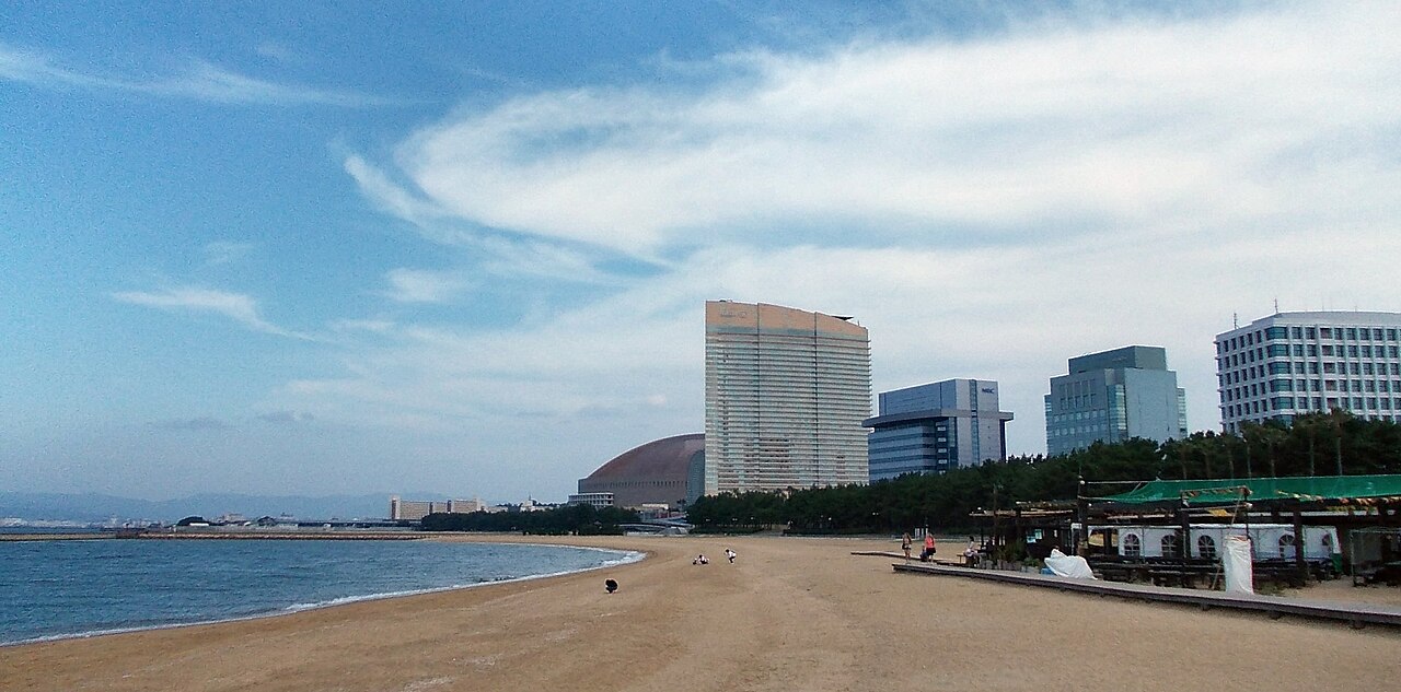 Views of Hilton Fukuoka Seahawk and Fukuoka Dome from Seaside Momochi Beach